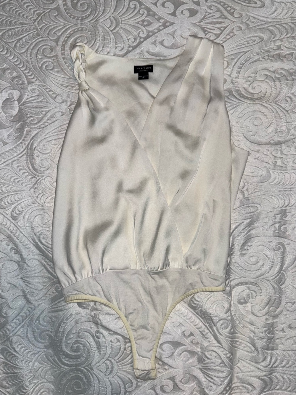 Marciano White Satin Surplice Bandeau Bodysuit with Braided Strap